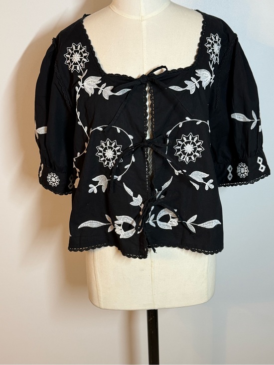 Jennifer & Grace Tops - Black Embroidered Tie-Front Peasant Blouse